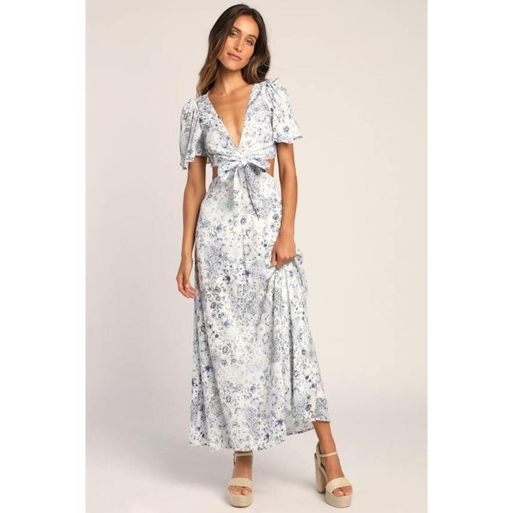 Lulus Stroll The Avenues White Floral Print Tie-front Maxi Dress - Size L